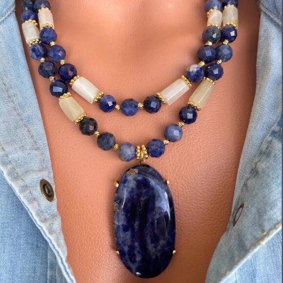 Sodalite and Sunstone Layered Statement Necklace - Picture 2 of 2